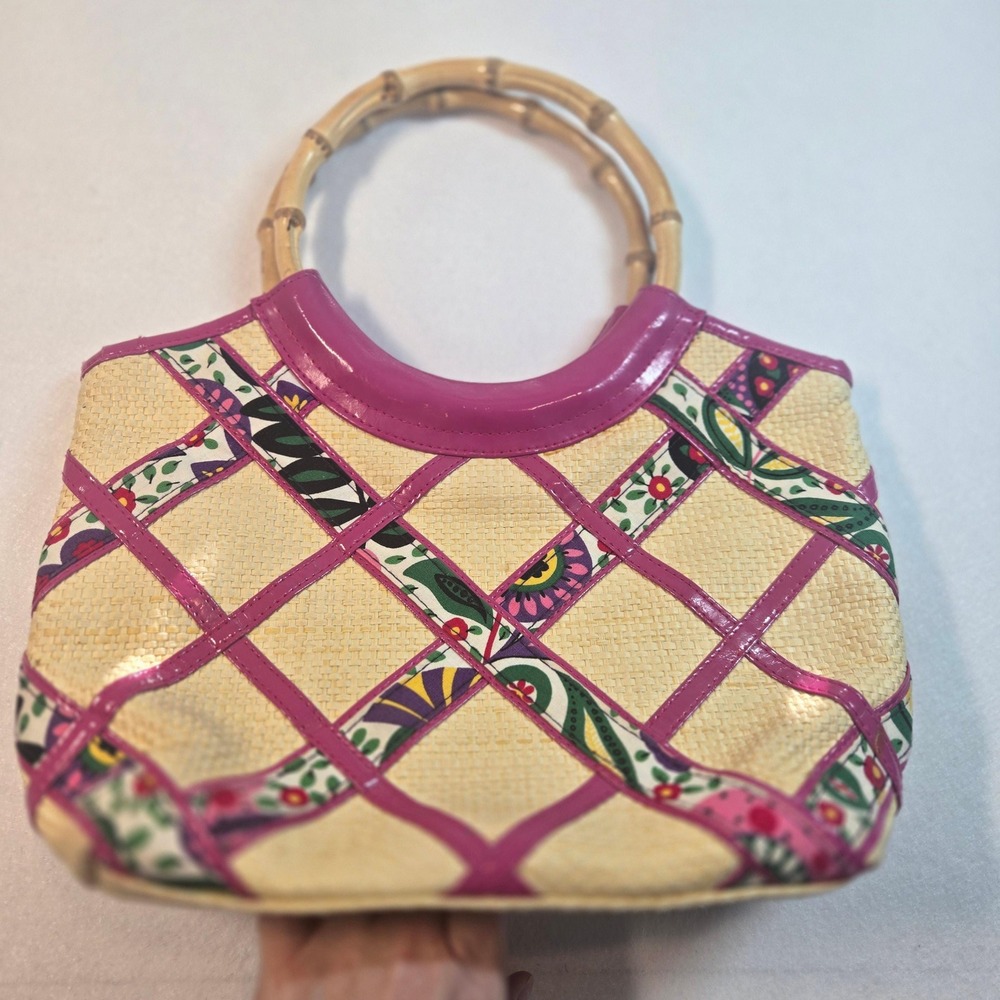 Vera Bradley Straw Handbag Women Medium Pink Good Bamboo Handle Floral Woven Bag